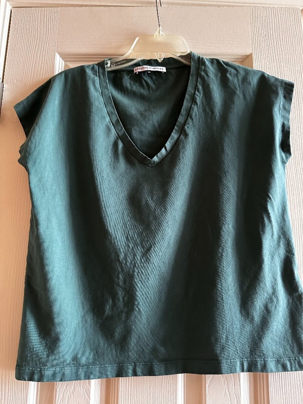 Adolfo Dominguez Dark Green V-Neck Top Size XS Minimalist Cap Sleeve Blouse